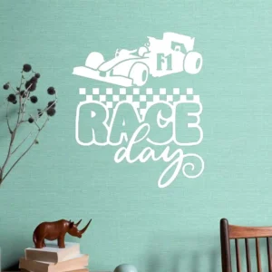 White Race Day Wall Sticker on teal wall with racing car design