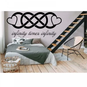 White Double Infinity Wall Sticker above bed on grey wall, infinity love wall decal with script text