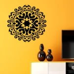 Black Moroccan Medallion Wall Sticker on a Yellow Living Room Wall Above a White Sideboard with Two Black Vases and a Tv | Stickers on Wall Black Moroccan Medallion Wall Sticker on a Yellow Living Room Wall Above a White Sideboard with Two Black Vases and a Tv | Stickers on Wall