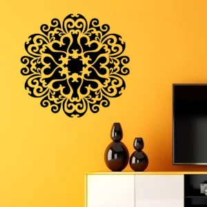 Black Moroccan Medallion Wall Sticker on a Yellow Living Room Wall Above a White Sideboard with Two Black Vases and a Tv.
