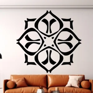 Black Moroccan Quatrefoil Wall Sticker Above a Tan Leather Sofa on a Light Wall.