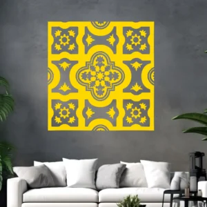 Golden Moroccan Floral Wall Sticker with Tile Effect on a Grey Wall Above a White Sofa with Plants