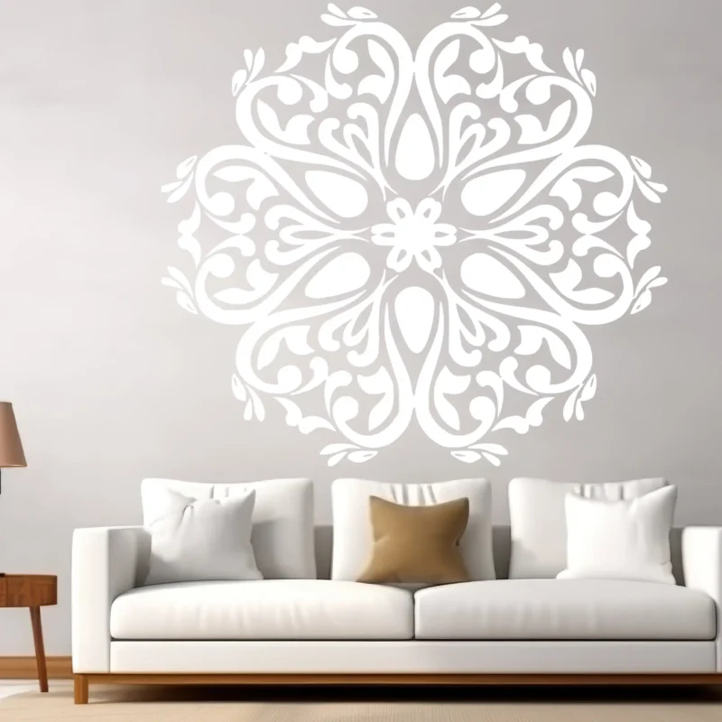 Moroccan Filigree Wall Sticker in White Ornate Floral Mandala Design Above a Modern Sofa on a Light Grey Wall | Stickers on Wall Moroccan Filigree Wall Sticker in White Ornate Floral Mandala Design Above a Modern Sofa on a Light Grey Wall | Stickers on Wall