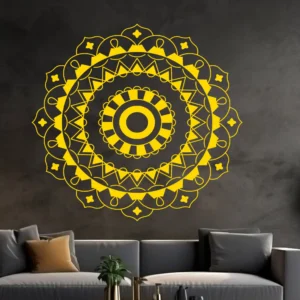 Moroccan Mandala Wall Sticker in Golden Yellow on a Dark Wall Above a Modern Sofa