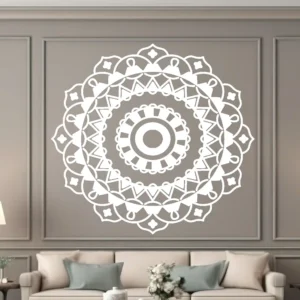 Moroccan Mandala Wall Sticker in White Centered on a Grey Paneled Wall Above a Sofa