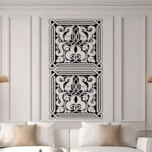 Moroccan Ornate Wall Sticker, Black Square Arabesque Design Shown As Two Stacked Panels on a White Paneled Wall Above a Sofa.