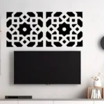 Two Black Moroccan Grid Wall Stickers on a White Wall Above a Flat screen Tv in a Modern Living Room | Stickers on Wall