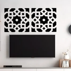 Two Black Moroccan Grid Wall Stickers on a White Wall Above a Flat screen Tv in a Modern Living Room | Stickers on Wall