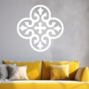 White Moroccan Clover Wall Sticker on a Pale Grey Wall Above a Yellow Sofa with Cushions