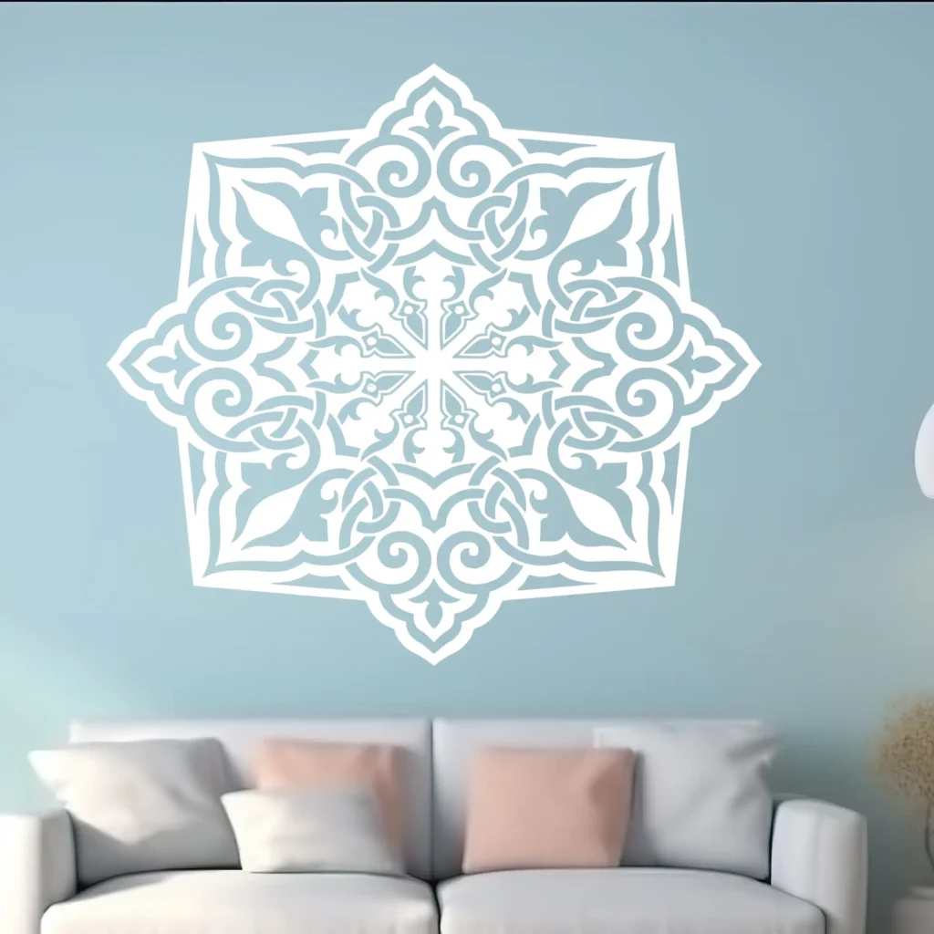 White Moroccan Knot Wall Sticker on a Light Blue Living Room Wall Above a White Sofa with Pastel Cushions | Stickers on Wall White Moroccan Knot Wall Sticker on a Light Blue Living Room Wall Above a White Sofa with Pastel Cushions | Stickers on Wall
