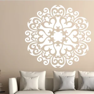 White Moroccan Medallion Wall Sticker on a Beige Wall Above a Light Sofa with Cushions in a Neutral Living Room.