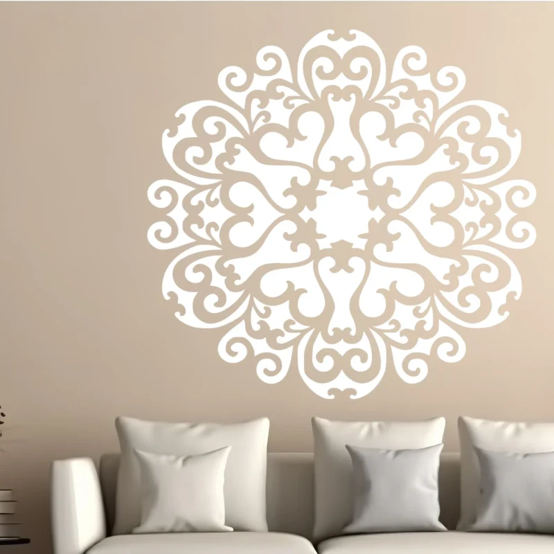 White Moroccan Medallion Wall Sticker on a Beige Wall Above a Light Sofa with Cushions in a Neutral Living Room | Stickers on Wall White Moroccan Medallion Wall Sticker on a Beige Wall Above a Light Sofa with Cushions in a Neutral Living Room | Stickers on Wall