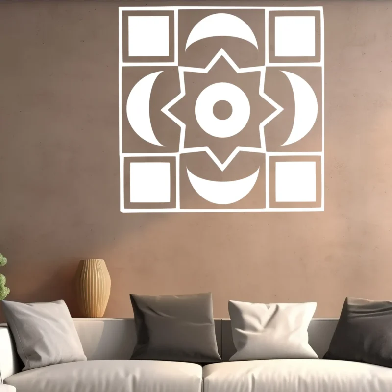 White Moroccan Moon Wall Sticker with Star and Crescent Tile Design on a Warm Beige Wall Above a Sofa with Cushions | Stickers on Wall