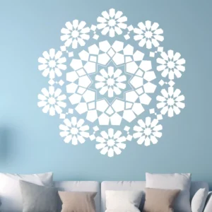 White Moroccan Mosaic Wall Sticker on a Light Blue Living Room Wall Above a Sofa with Neutral Cushions