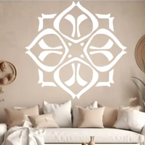 White Moroccan Quatrefoil Wall Sticker Above a Cream Sofa in a Neutral Living Room.