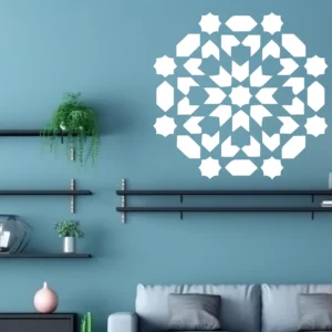 White Moroccan Star Wall Sticker on a Teal Living Room Wall Above a Light Grey Sofa with Shelves and Plants