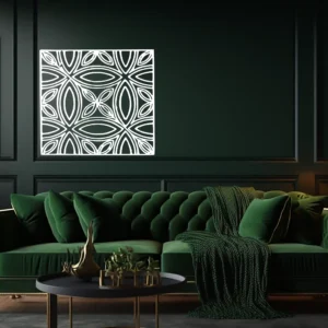 White Moroccan Trellis Wall Sticker on a Dark Green Living Room Wall Above an Emerald Sofa