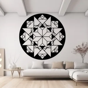 Black Circular Moroccan Geometric Wall Sticker with a Bold Star Pattern on a White Living Room Wall Above a Low Modern Sofa.
