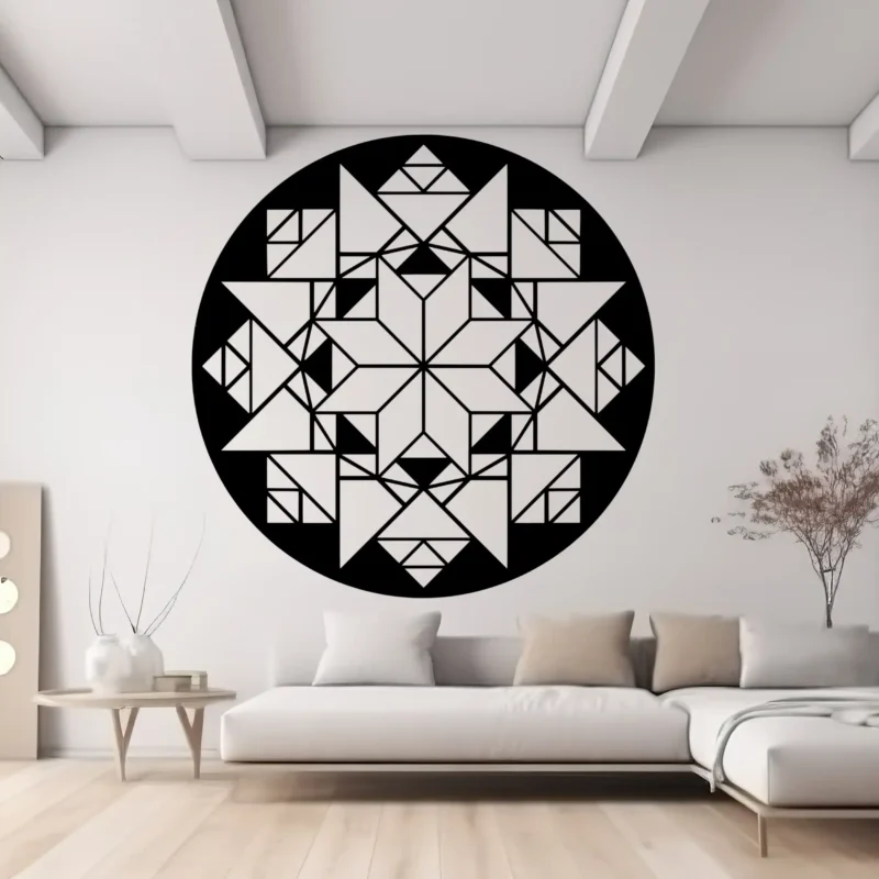 Black Circular Moroccan Geometric Wall Sticker with a Bold Star Pattern on a White Living Room Wall Above a Low Modern Sofa | Stickers on Wall Black Circular Moroccan Geometric Wall Sticker with a Bold Star Pattern on a White Living Room Wall Above a Low Modern Sofa | Stickers on Wall