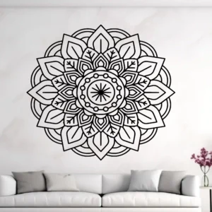 Black Moroccan Botanical Mandala Wall Sticker Centered Above a White Sofa on a Light Wall.
