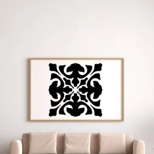 Black Moroccan Fleur Wall Sticker Design Shown in a Simple Frame Above a Beige Sofa.