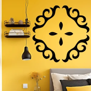 Black Moroccan Ornamental Scroll Wall Sticker on a Mustard Yellow Wall Above a Bed, with Floating Shelves and a Black Pendant Light.