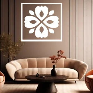 Clover Tile Wall Sticker in White, Shown Inside a Square Frame Above a Curved Beige Sofa in a Warm Neutral Living Room.