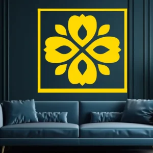 Clover Tile Wall Sticker in Yellow with a Square Border, Displayed on a Dark Blue Wall Above a Blue Sofa.