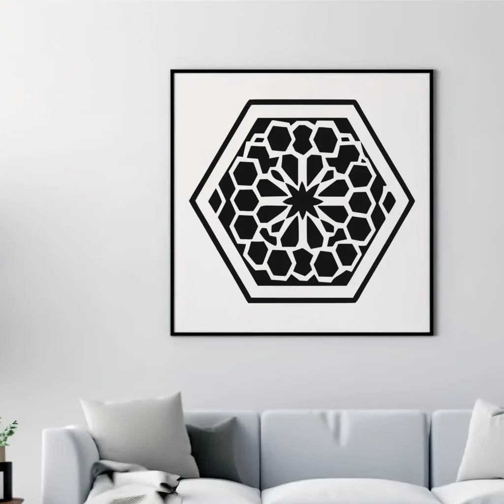 Framed Moroccan Hexagon Wall Sticker Design in Black with a Geometric Mosaic Pattern Above a Modern Sofa | Stickers on Wall Framed Moroccan Hexagon Wall Sticker Design in Black with a Geometric Mosaic Pattern Above a Modern Sofa | Stickers on Wall