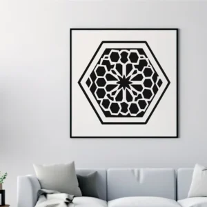 Framed Moroccan Hexagon Wall Sticker Design in Black, with a Geometric Mosaic Pattern Above a Modern Sofa.