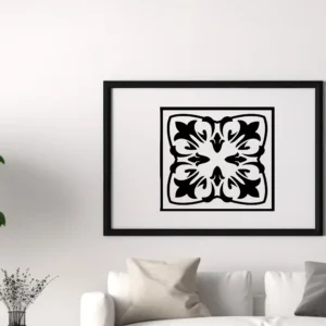 Framed Moroccan Tile Wall Sticker Design Above a White Sofa in a Minimalist Living Room.