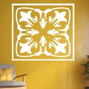 Large Moroccan Tile Wall Sticker on a Mustard Yellow Accent Wall Above a Chair and Plant.