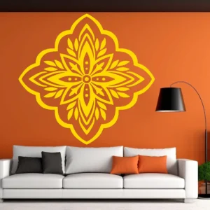 Moroccan Leaf Wall Sticker in Yellow on an Orange Accent Wall Above a White Sofa.