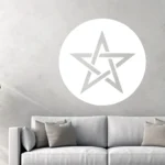 Moroccan Pentagram Wall Sticker in a Large White Circle on a Grey Concrete Wall with a Light Grey Interlaced Star Above a Light Grey Sofa | Stickers on Wall Moroccan Pentagram Wall Sticker in a Large White Circle on a Grey Concrete Wall with a Light Grey Interlaced Star Above a Light Grey Sofa | Stickers on Wall