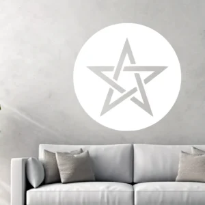 Moroccan Pentagram Wall Sticker in a Large White Circle on a Grey Concrete Wall, with a Light Grey Interlaced Star Above a Light Grey Sofa.