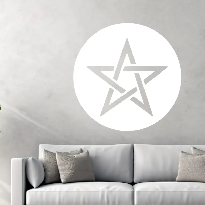 Moroccan Pentagram Wall Sticker in a Large White Circle on a Grey Concrete Wall with a Light Grey Interlaced Star Above a Light Grey Sofa | Stickers on Wall Moroccan Pentagram Wall Sticker in a Large White Circle on a Grey Concrete Wall with a Light Grey Interlaced Star Above a Light Grey Sofa | Stickers on Wall