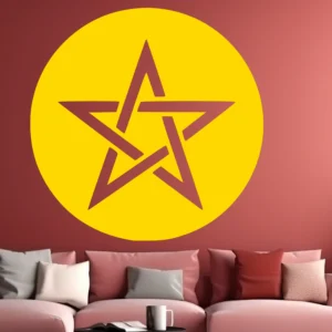 Moroccan Pentagram Wall Sticker on a Deep Red Wall, with a Large Yellow Circle and Maroon Interlaced Star Above a Pink Sofa.
