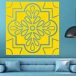 Teal Quatrefoil Rosette Wall Sticker on a Yellow Square Panel Above a Blue Sofa on a Teal Wall with a Black Pendant Lamp | Stickers on Wall Teal Quatrefoil Rosette Wall Sticker on a Yellow Square Panel Above a Blue Sofa on a Teal Wall with a Black Pendant Lamp | Stickers on Wall