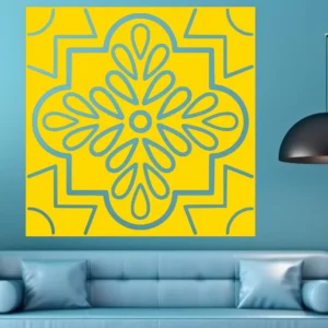 Teal Quatrefoil Rosette Wall Sticker on a Yellow Square Panel Above a Blue Sofa on a Teal Wall, with a Black Pendant Lamp.