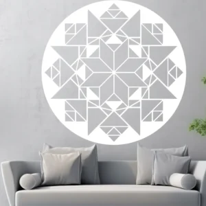 White Circular Moroccan Geometric Wall Sticker with Star Pattern on a Gray Concrete Wall Above a Light Gray Sofa with Cushions.