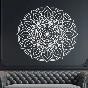 White Moroccan Botanical Mandala Wall Sticker Above a Black Tufted Sofa on a Dark Wall.