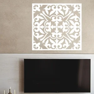 White Moroccan Damask Square Wall Sticker Above a Tv on a Textured Beige Wall.