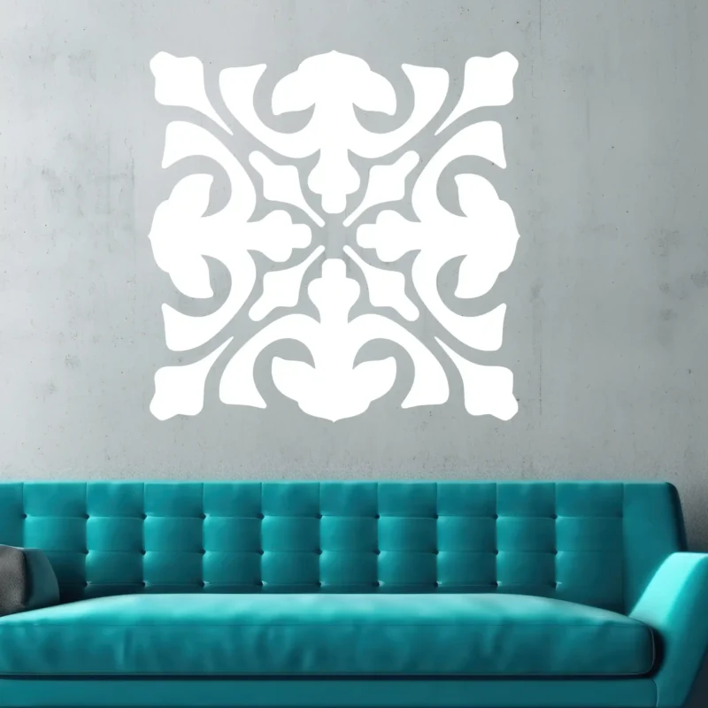 White Moroccan Fleur Wall Sticker on a Textured Gray Wall Above a Teal Sofa | Stickers on Wall White Moroccan Fleur Wall Sticker on a Textured Gray Wall Above a Teal Sofa | Stickers on Wall