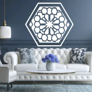 White Moroccan Hexagon Wall Sticker with a Honeycomb-style Mosaic Pattern on a Blue Wall Above a Tufted Sofa.