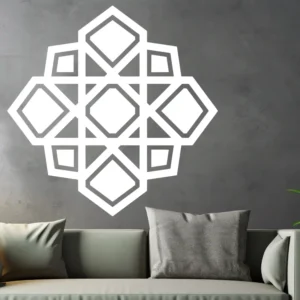 White Moroccan Interlace Wall Sticker with an Eight-point Geometric Interlace Pattern on a Gray Wall Above a Sofa with Cushions.