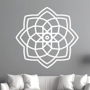 White Moroccan Knotwork Rosette Wall Sticker on a Light Gray Wall Above a White Sofa with White Pillows.