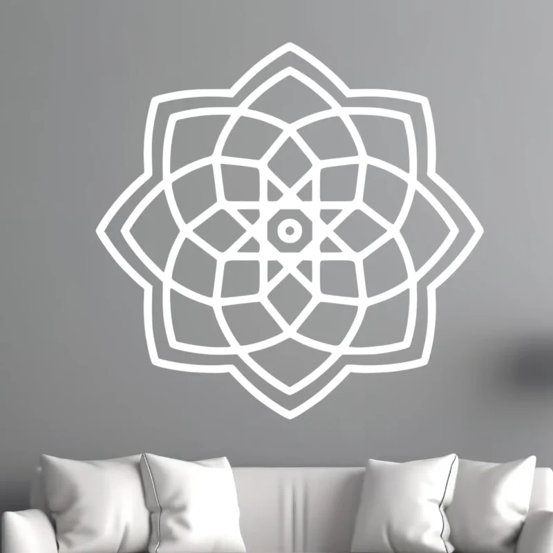 White Moroccan Knotwork Rosette Wall Sticker on a Light Gray Wall Above a White Sofa with White Pillows | Stickers on Wall White Moroccan Knotwork Rosette Wall Sticker on a Light Gray Wall Above a White Sofa with White Pillows | Stickers on Wall