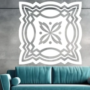 White Moroccan Motif Wall Sticker with a Square Geometric Pattern Above a Modern Teal Sofa in a Minimalist Living Room.