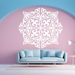 White Moroccan Scrollwork Wall Decal on a Pink Arch Wall Above a Light Blue Sofa and White Coffee Table.