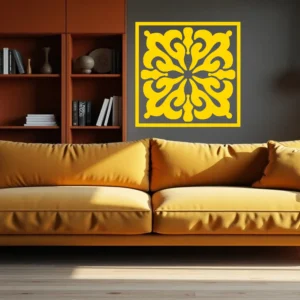 Yellow Gold Moroccan Pinwheel Tile Wall Sticker in a Square Frame Above a Mustard Sofa, with Warm Wood Shelving in the Background.